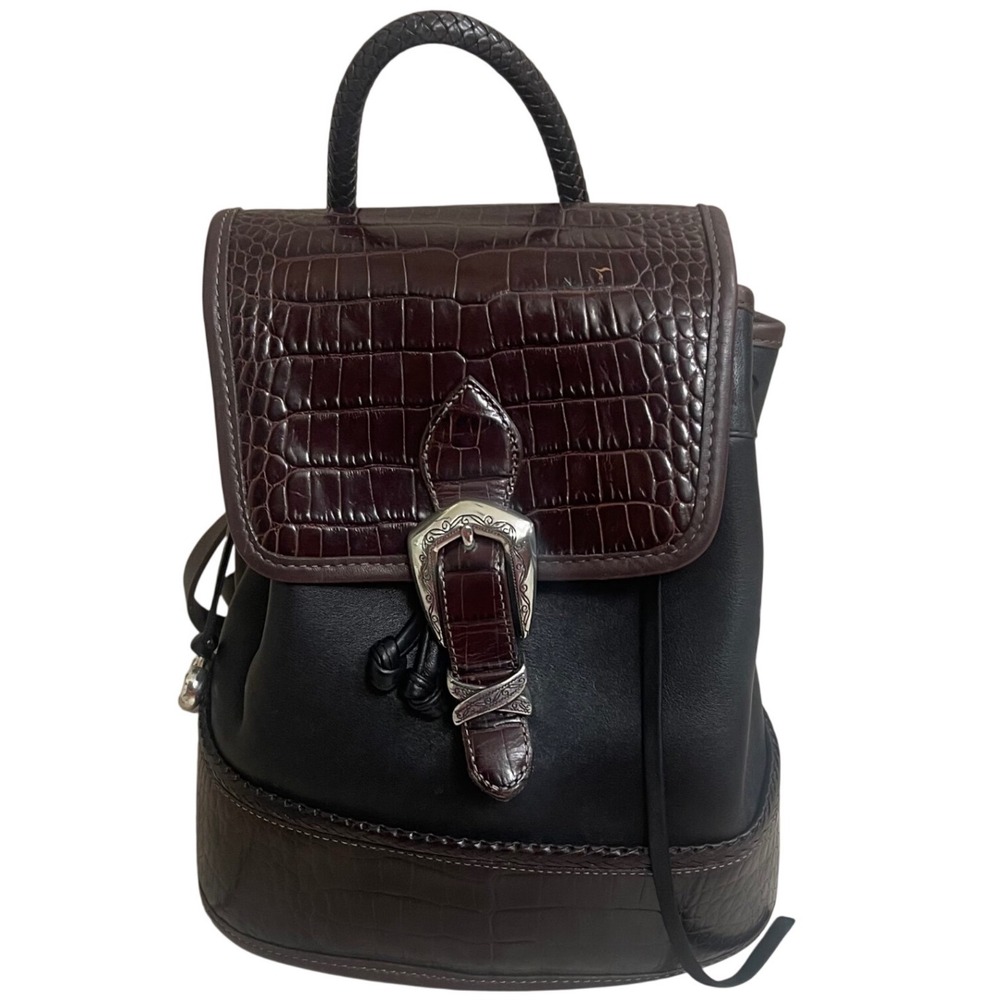 Brighton Black Brown Croc Leather #198305 Y2K Drawstring Backpack USA Made